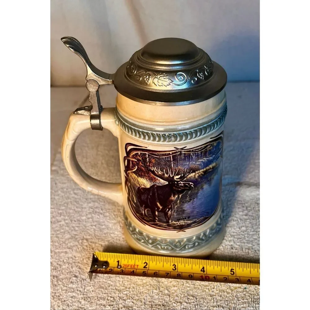 Vtg GERZ Germany Pewter Lidded Stein Features Moose Artwork By James A. Meager